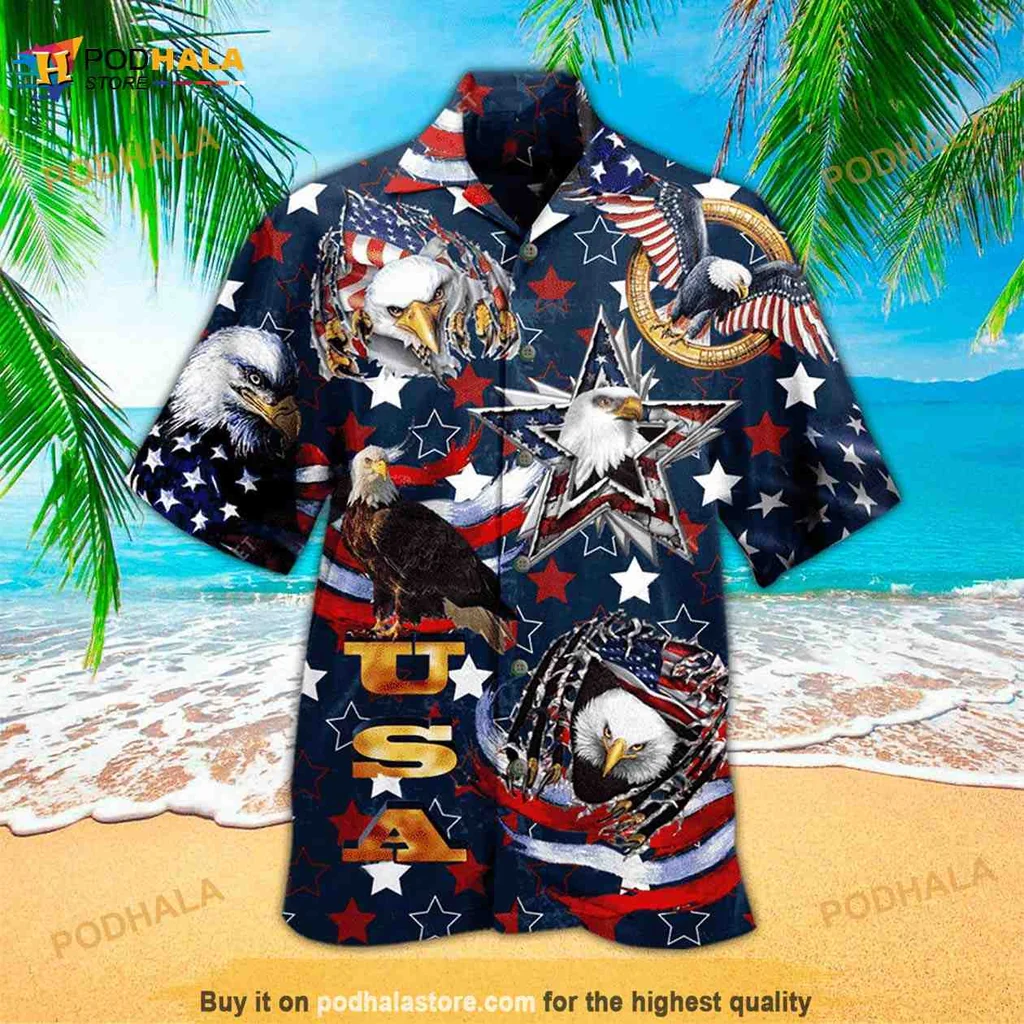 American Eagle Patriotic Hawaiian Shirt With Bold Stars And Stripes Design