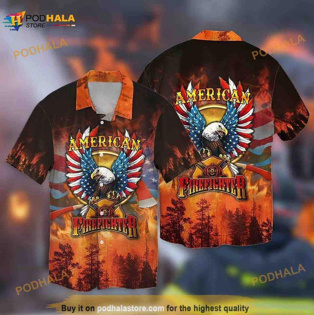 American Firefighter Eagle Hawaiian Shirt, Patriotic Design For 4th Of July