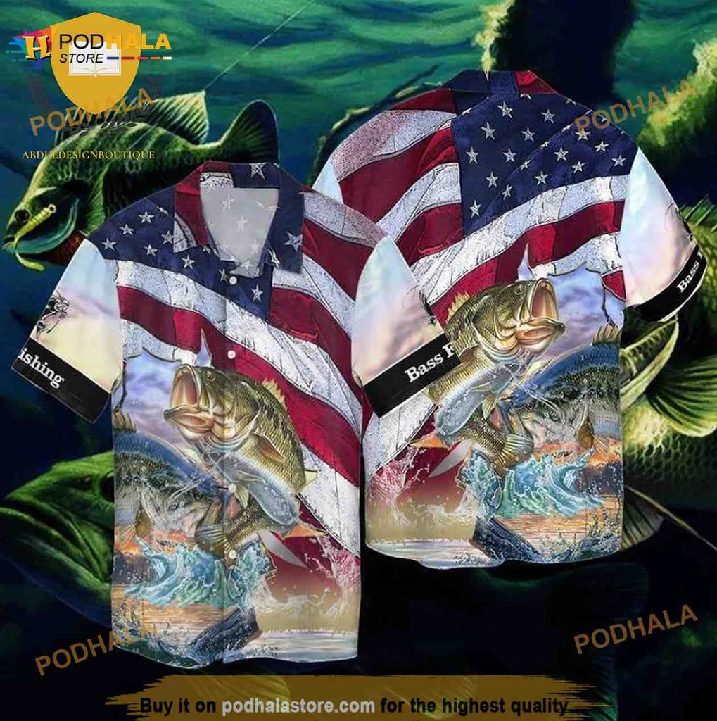 American Flag Bass Fish Hawaiian Shirt For Independence Day