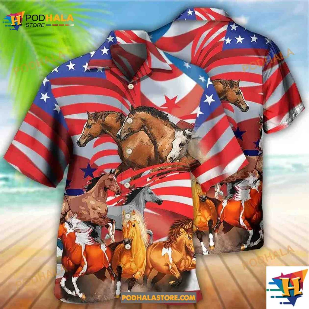 American Flag Horse Lovers Hawaiian Shirt, Galloping Horses Design