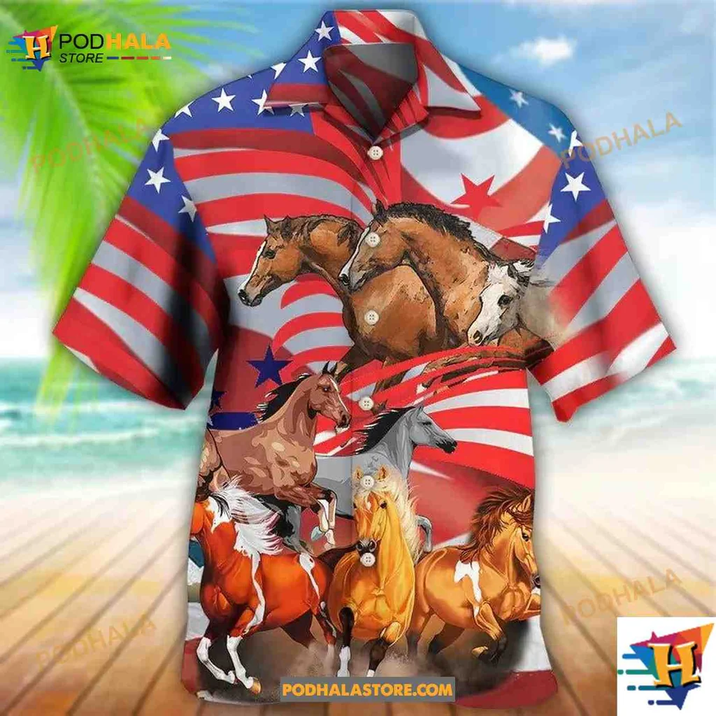American Flag Horse Lovers Aloha Shirt, Galloping Horses Design American Flag Horse Lovers Aloha Shirt, Galloping Horses Design