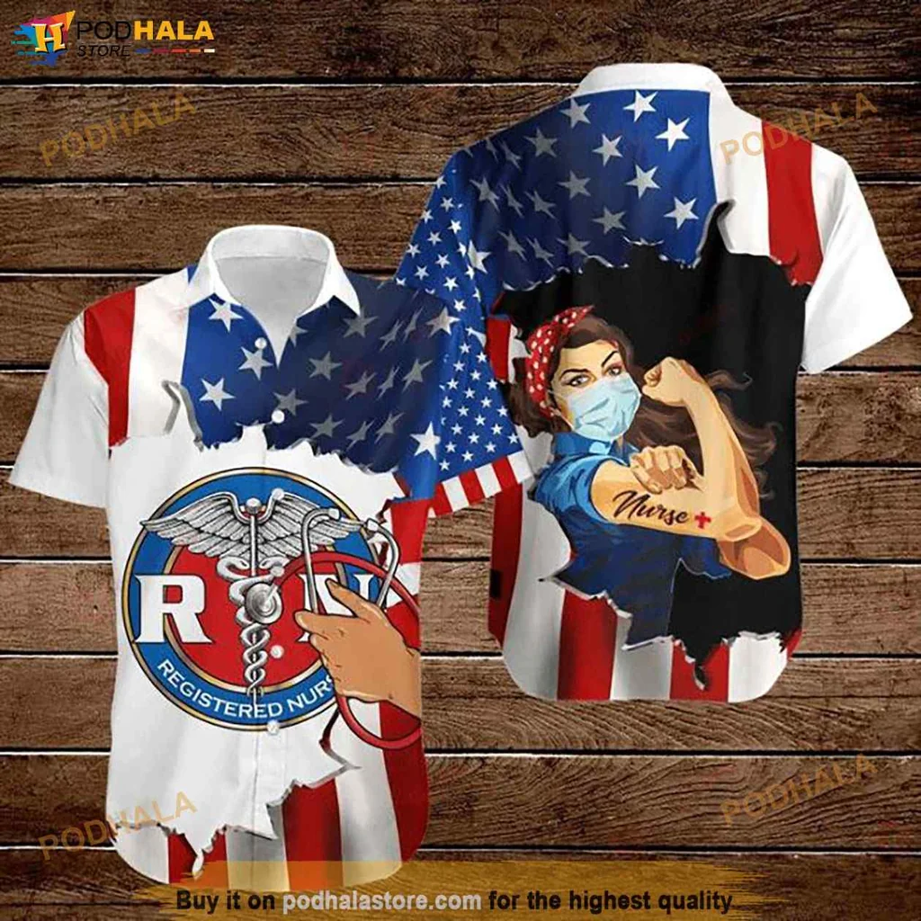 American Flag Nurse Hawaiian Shirt Featuring Caduceus Symbol And Patriotic Design