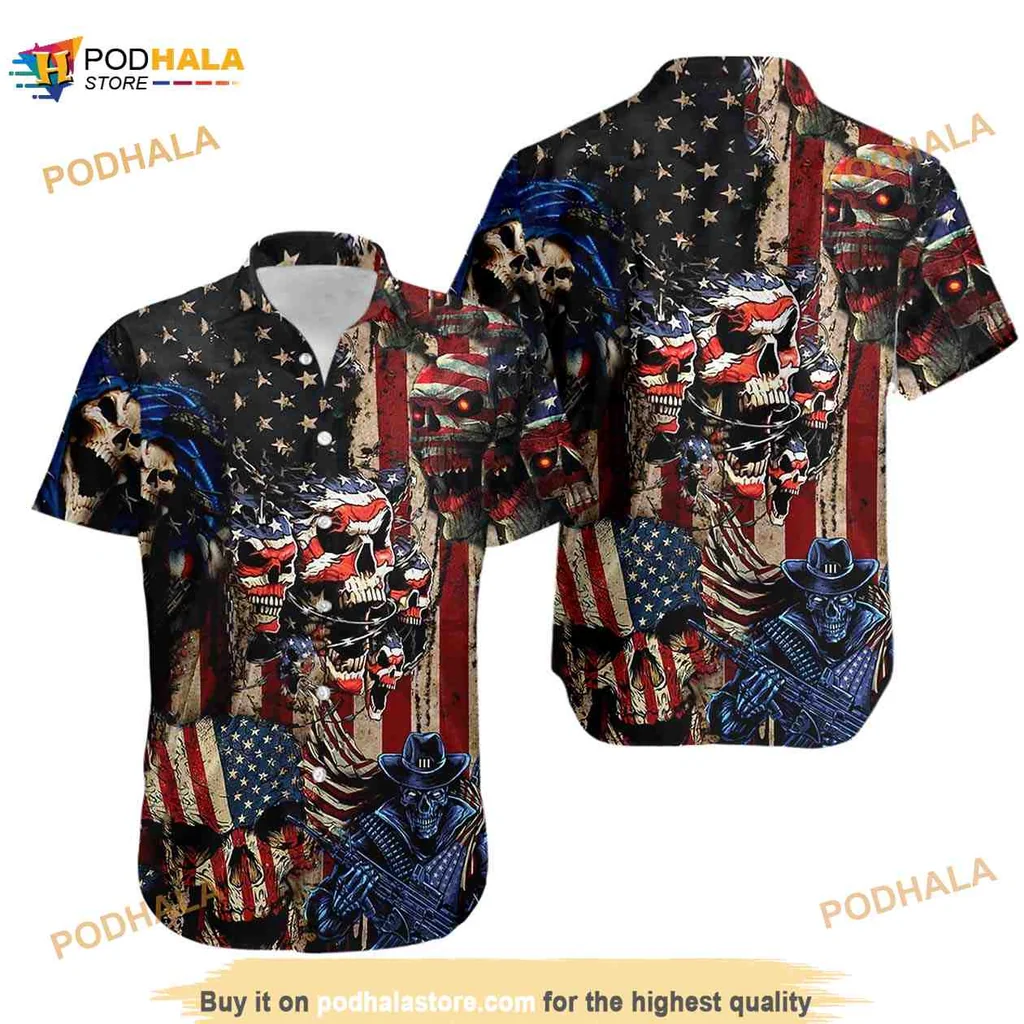 American Flag Skull Hawaiian Shirt With Distressed Vintage Design