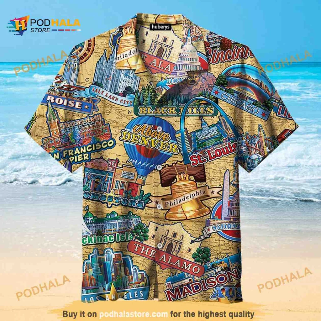American Landmarks Tropical Hawaiian Shirt Featuring Iconic U S Cities