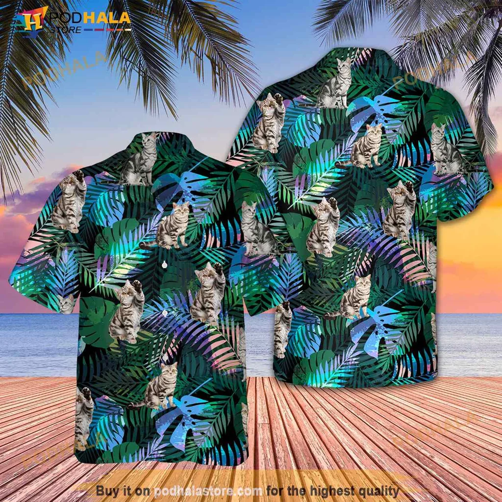 American Shorthair Cat Hawaiian Shirt With Tropical Leaves And Ferns