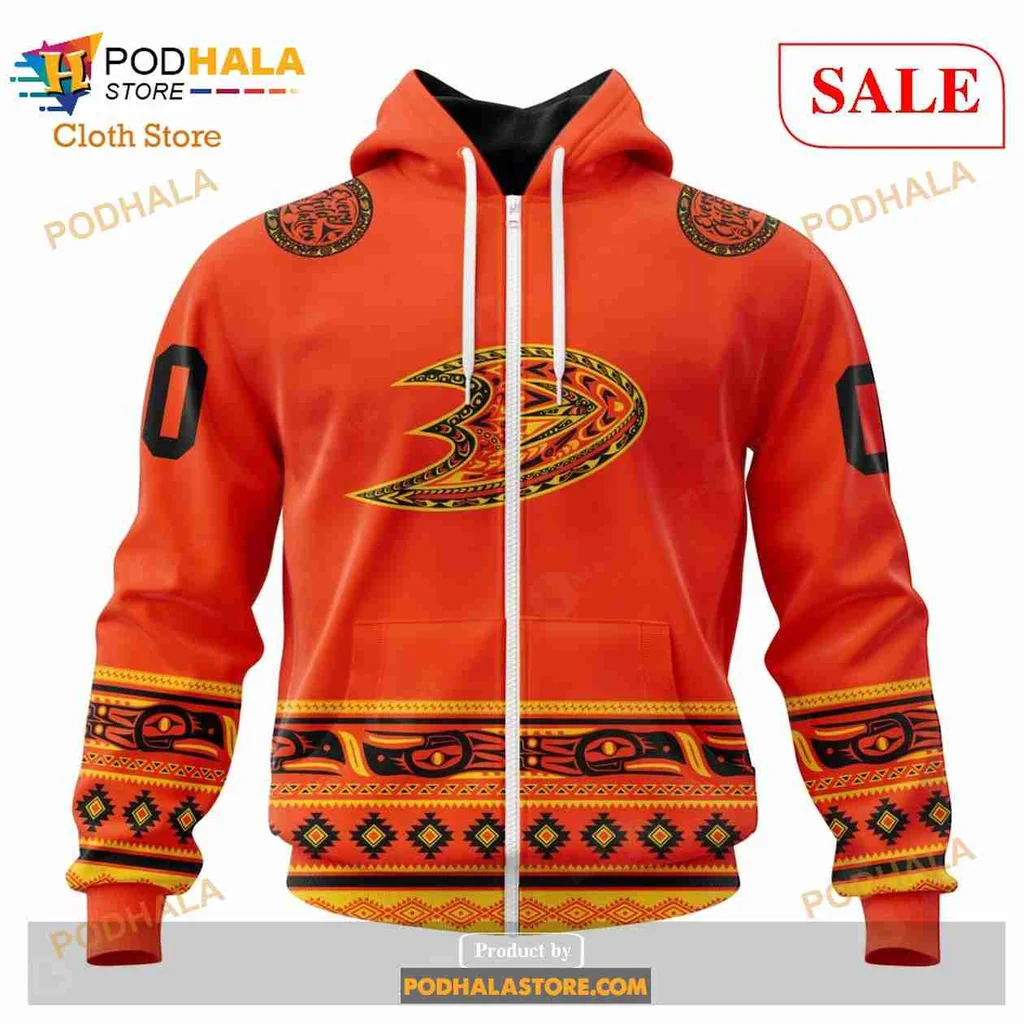 Anaheim Ducks All Over Print Hoodie With Bold Logo And Vibrant Orange Design Anaheim Ducks All Over Print Hoodie With Bold Logo And Vibrant Orange Design