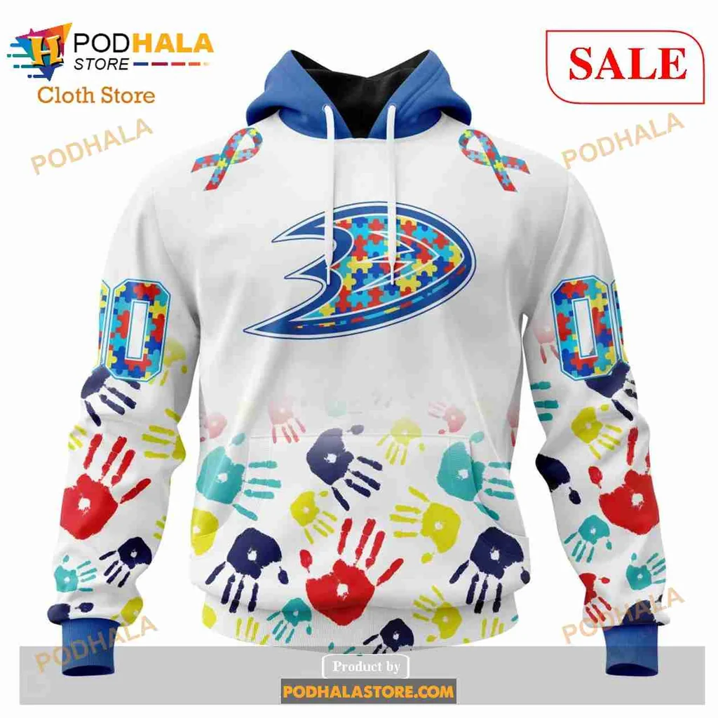 Anaheim Ducks Autism Awareness Hoodie With Colorful Handprint Design