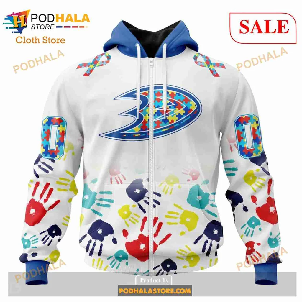 Anaheim Ducks Autism Awareness Hoodie With Colorful Handprint Design - View 1 Anaheim Ducks Autism Awareness Hoodie With Colorful Handprint Design - View 1