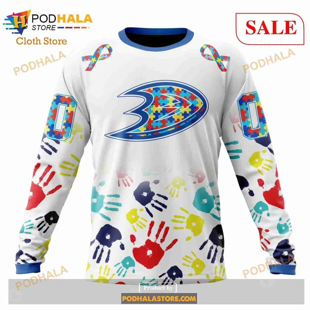 Anaheim Ducks Autism Awareness Hoodie With Colorful Handprint Design - View 3 Anaheim Ducks Autism Awareness Hoodie With Colorful Handprint Design - View 3