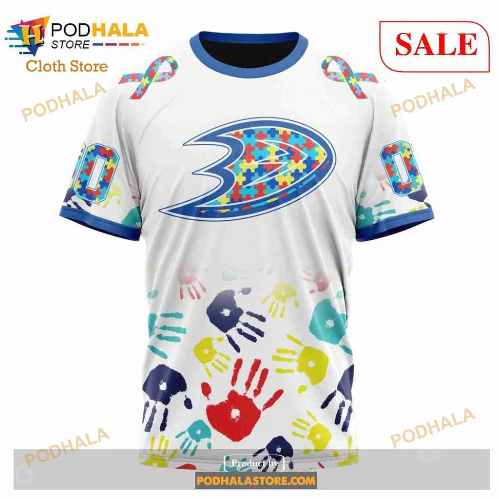 Anaheim Ducks Autism Awareness Hoodie With Colorful Handprint Design - Product View 6 Anaheim Ducks Autism Awareness Hoodie With Colorful Handprint Design - Product View 6
