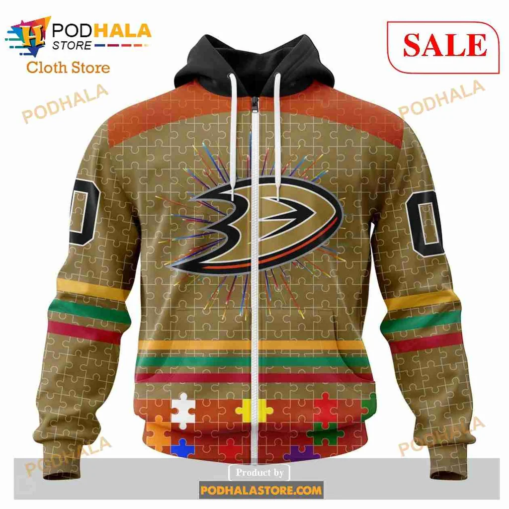 Anaheim Ducks Autism Awareness Hoodie With Colorful Puzzle Design - View 1 Anaheim Ducks Autism Awareness Hoodie With Colorful Puzzle Design - View 1