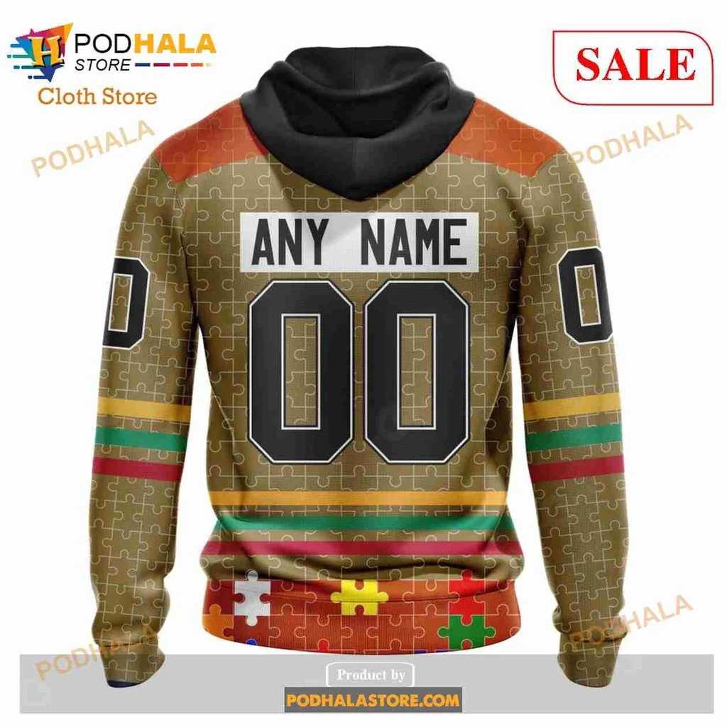 Anaheim Ducks Autism Awareness Hoodie With Colorful Puzzle Design - View 2 Anaheim Ducks Autism Awareness Hoodie With Colorful Puzzle Design - View 2