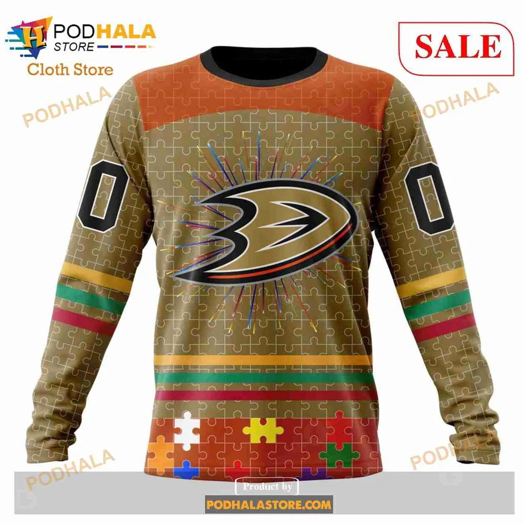 Anaheim Ducks Autism Awareness Hoodie With Colorful Puzzle Design - View 3 Anaheim Ducks Autism Awareness Hoodie With Colorful Puzzle Design - View 3