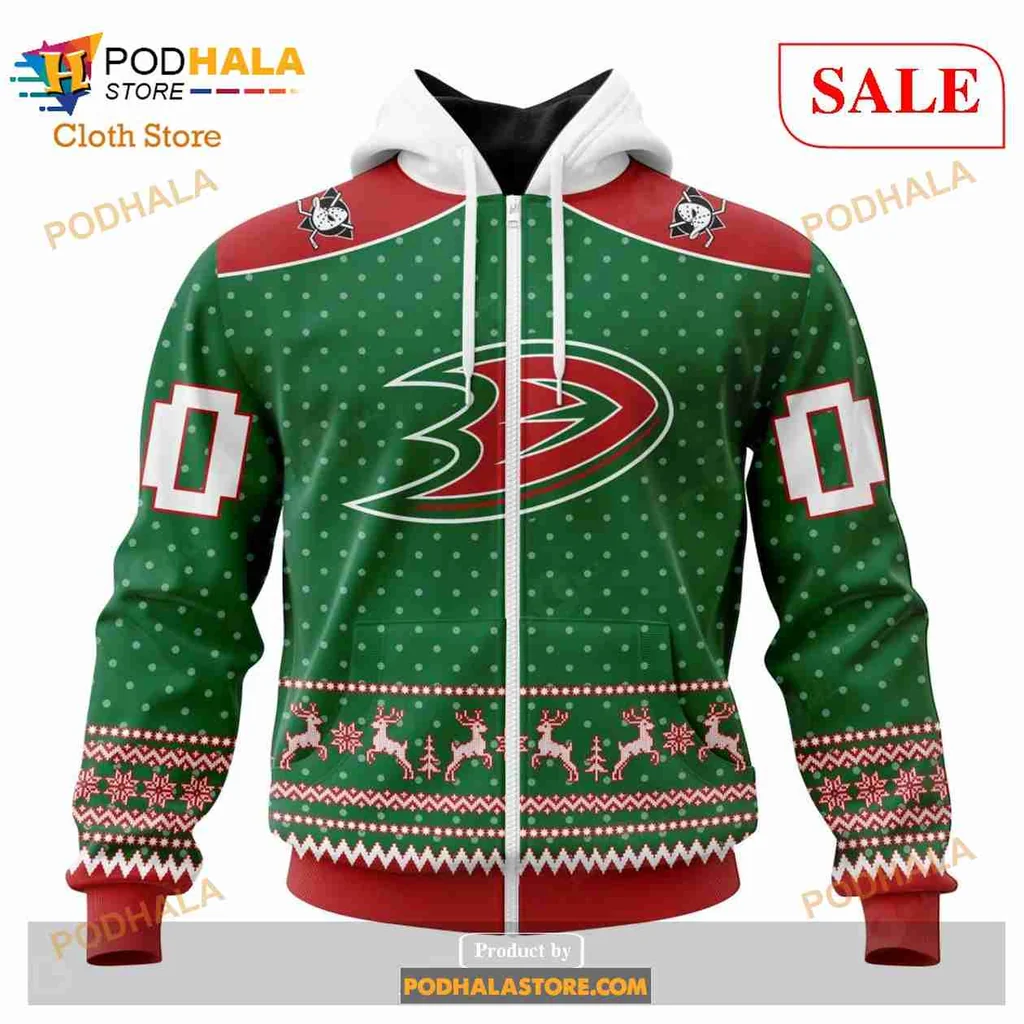 Anaheim Ducks Christmas Hoodie With Festive Snowflakes And Reindeer - View 1 Anaheim Ducks Christmas Hoodie With Festive Snowflakes And Reindeer - View 1