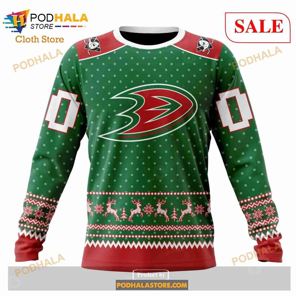 Anaheim Ducks Christmas Hoodie With Festive Snowflakes And Reindeer - View 3 Anaheim Ducks Christmas Hoodie With Festive Snowflakes And Reindeer - View 3