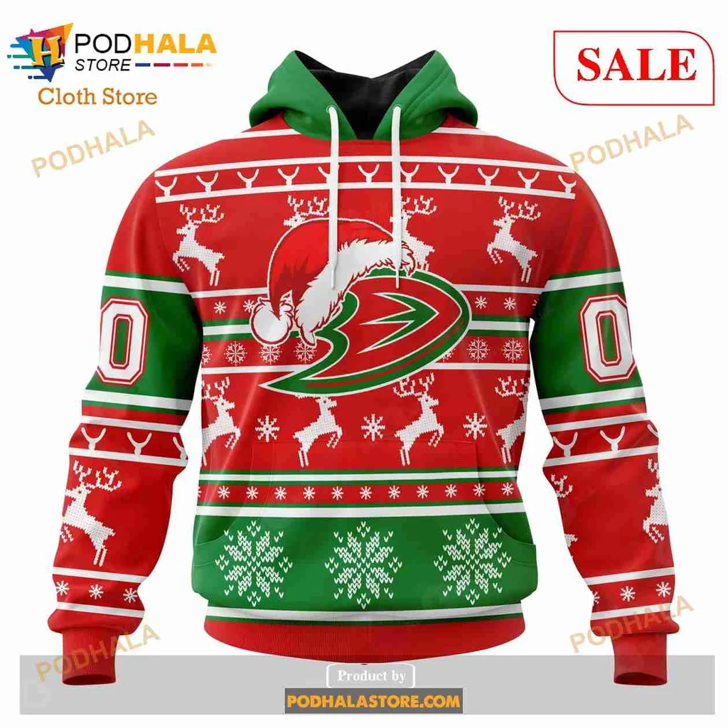 Anaheim Ducks Christmas Hoodie With Santa Hat And Reindeer Pattern