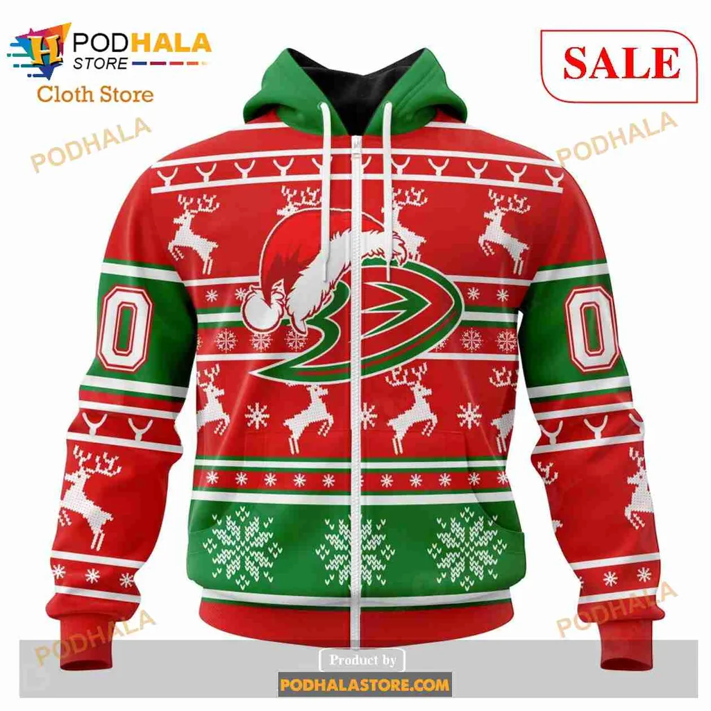 Anaheim Ducks Christmas Hoodie With Santa Hat And Reindeer Pattern - View 1 Anaheim Ducks Christmas Hoodie With Santa Hat And Reindeer Pattern - View 1