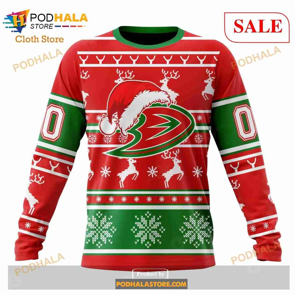 Anaheim Ducks Christmas Hoodie With Santa Hat And Reindeer Pattern - View 3 Anaheim Ducks Christmas Hoodie With Santa Hat And Reindeer Pattern - View 3