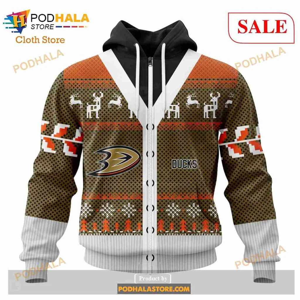 Anaheim Ducks Christmas Pattern Hoodie With Reindeer Design - View 1 Anaheim Ducks Christmas Pattern Hoodie With Reindeer Design - View 1