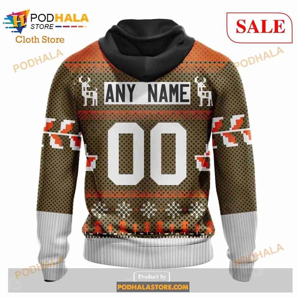 Anaheim Ducks Christmas Pattern Hoodie With Reindeer Design - View 2 Anaheim Ducks Christmas Pattern Hoodie With Reindeer Design - View 2