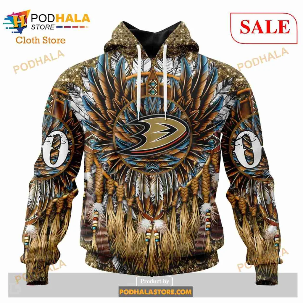 Anaheim Ducks Native American Hoodie Featuring Colorful Feather Design