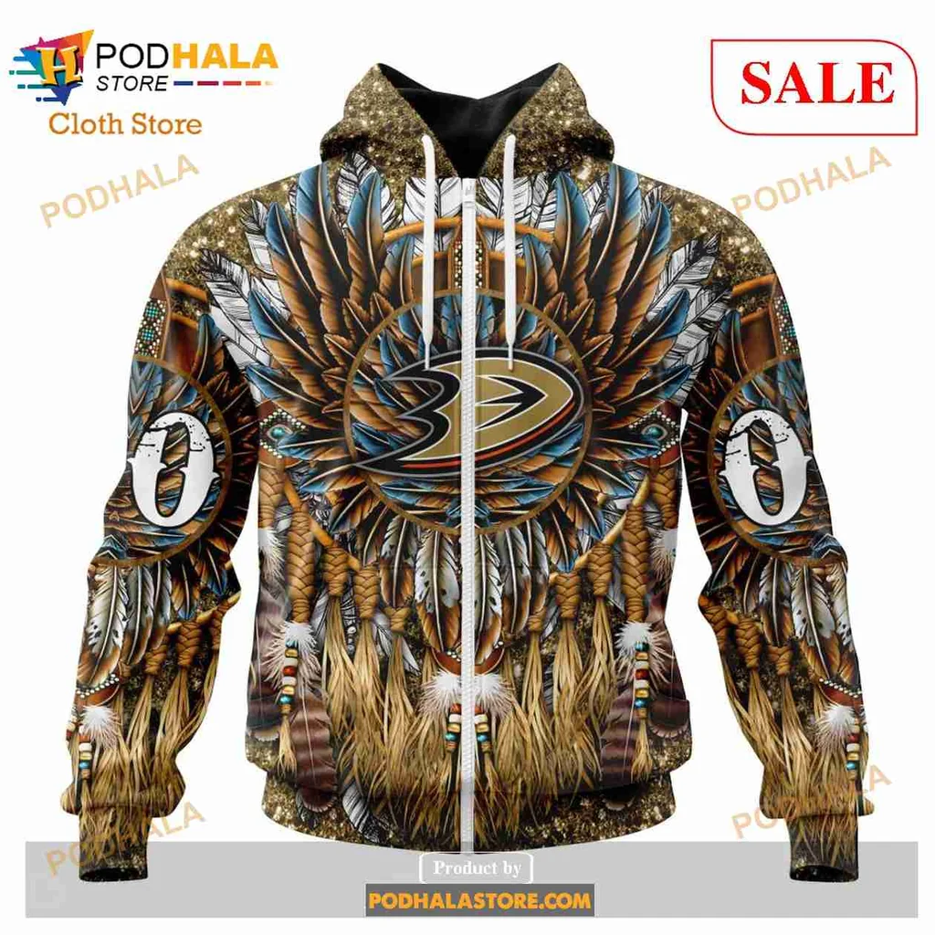 Anaheim Ducks Native American Hoodie Featuring Colorful Feather Design - View 1 Anaheim Ducks Native American Hoodie Featuring Colorful Feather Design - View 1