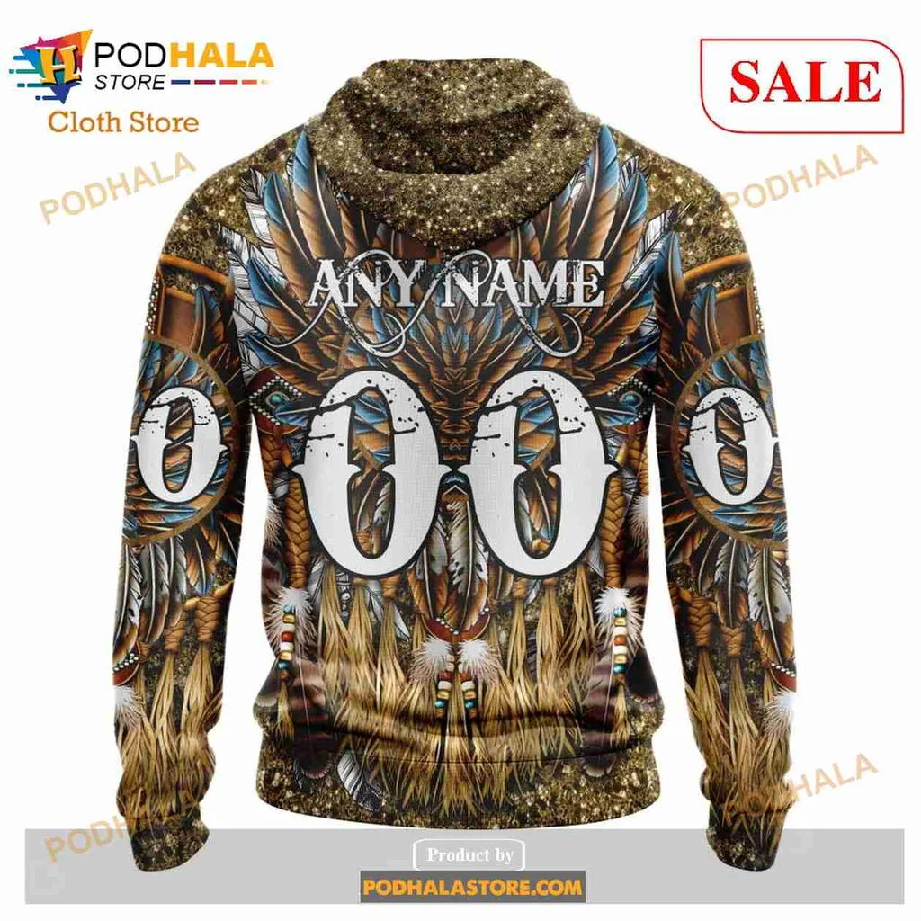 Anaheim Ducks Native American Hoodie Featuring Colorful Feather Design - View 2 Anaheim Ducks Native American Hoodie Featuring Colorful Feather Design - View 2