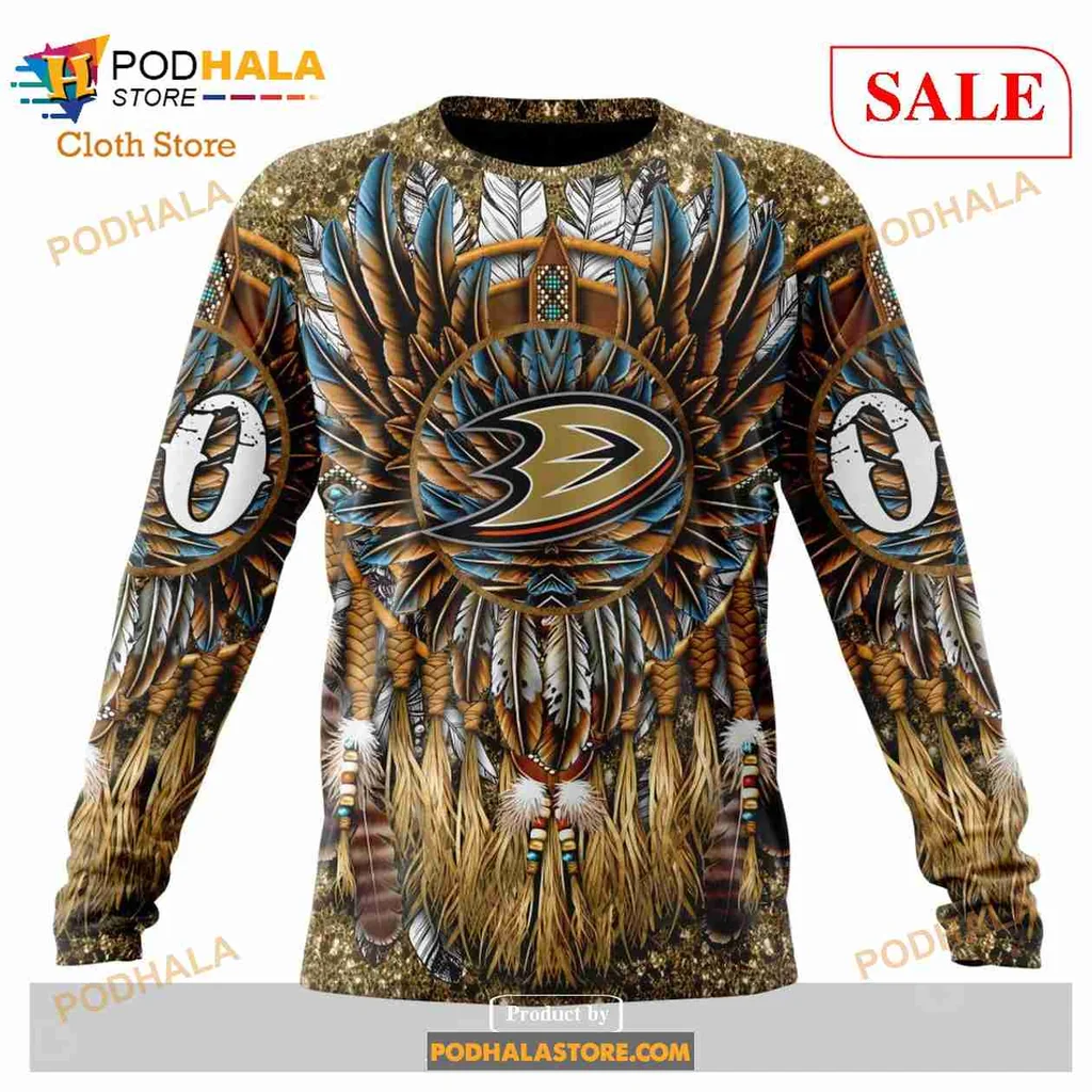 Anaheim Ducks Native American Hoodie Featuring Colorful Feather Design - View 3 Anaheim Ducks Native American Hoodie Featuring Colorful Feather Design - View 3