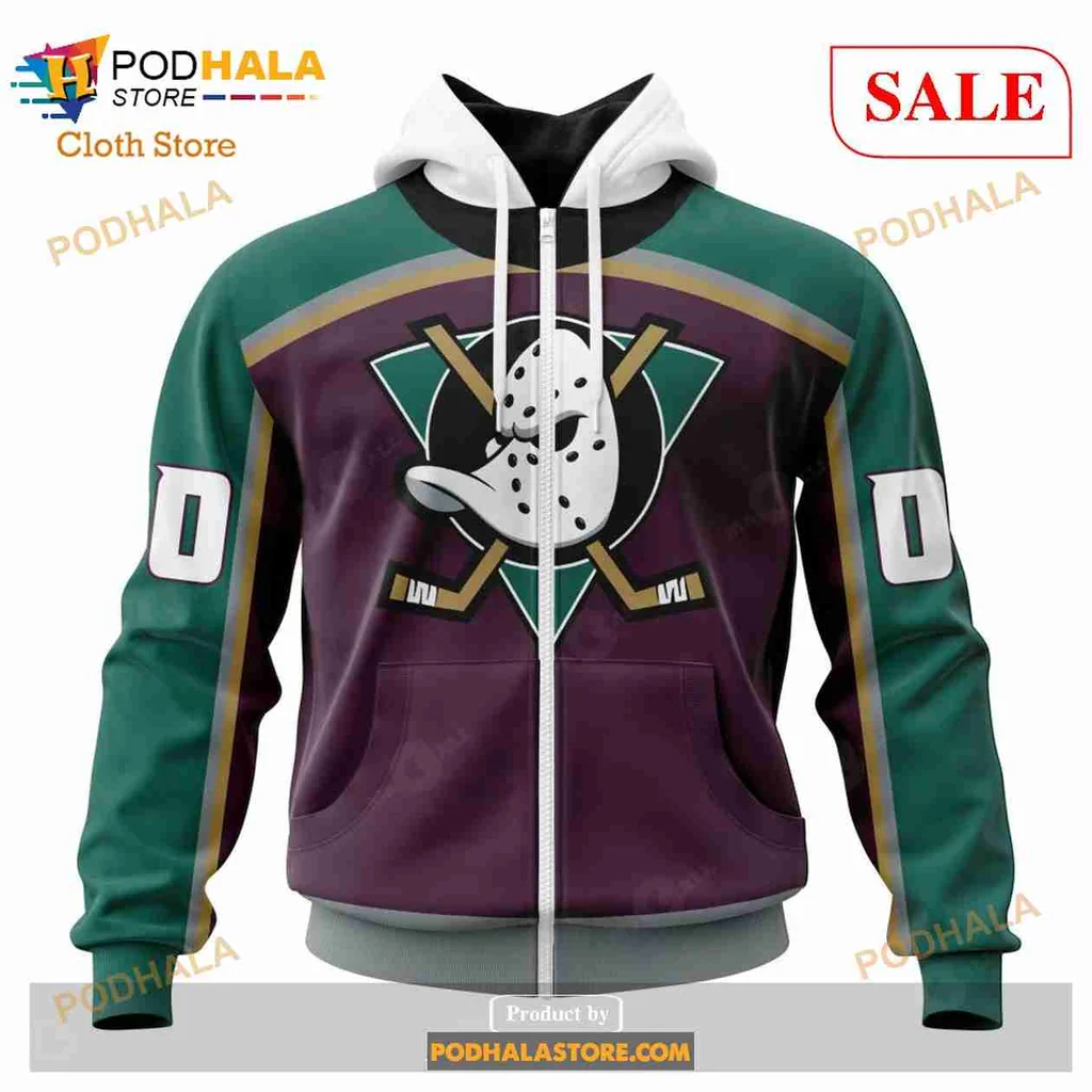 Anaheim Ducks Retro Hoodie With Playful Cartoon Duck Design - View 1 Anaheim Ducks Retro Hoodie With Playful Cartoon Duck Design - View 1
