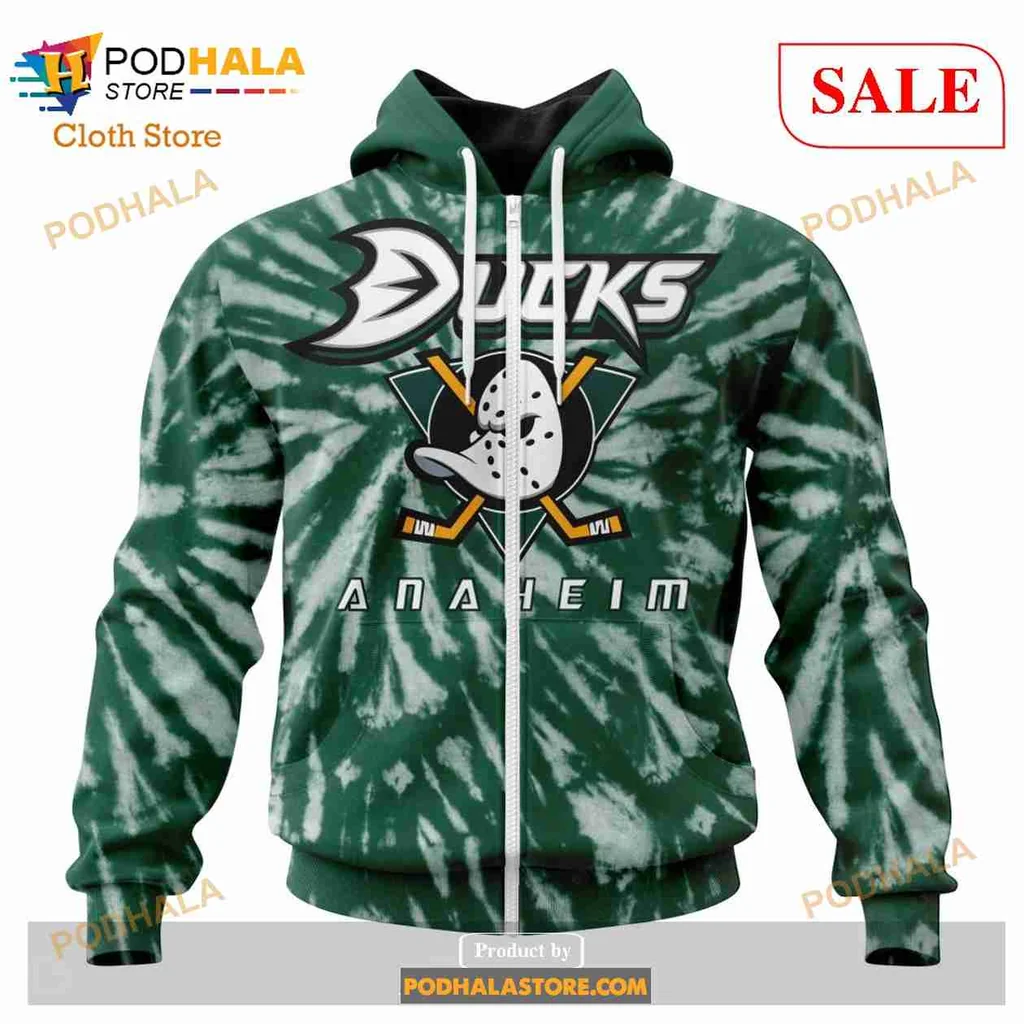 Anaheim Ducks Retro Tie Dye Hoodie With Vibrant Green And White Design - View 1 Anaheim Ducks Retro Tie Dye Hoodie With Vibrant Green And White Design - View 1