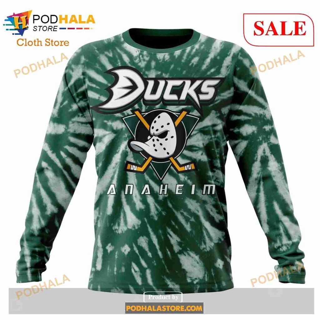 Anaheim Ducks Retro Tie Dye Hoodie With Vibrant Green And White Design - View 3 Anaheim Ducks Retro Tie Dye Hoodie With Vibrant Green And White Design - View 3