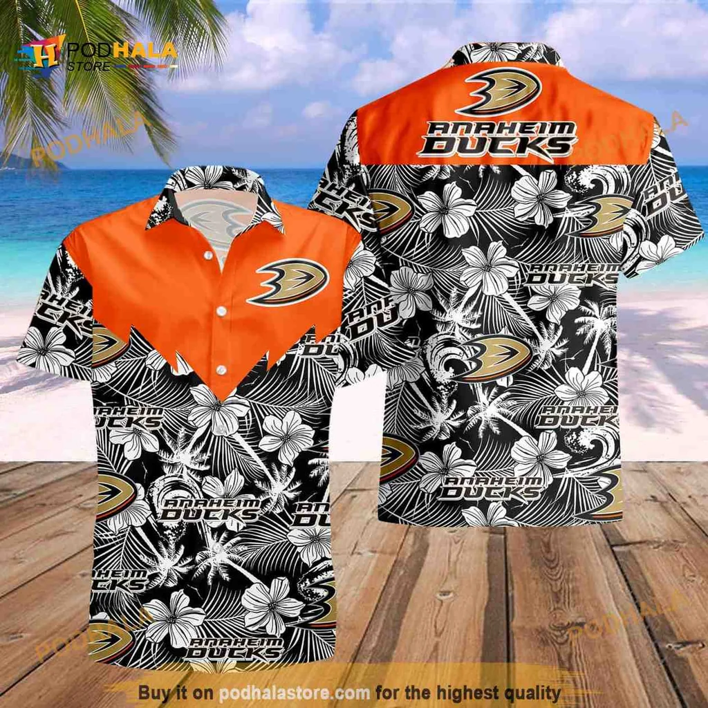 Anaheim Ducks Tropical Shirt With Hibiscus Flowers And Palm Leaves
