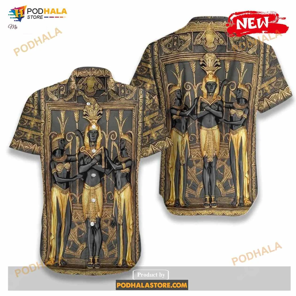 Ancient Egyptian Pharaoh Hawaiian Shirt With Hieroglyphics And Gold Accents