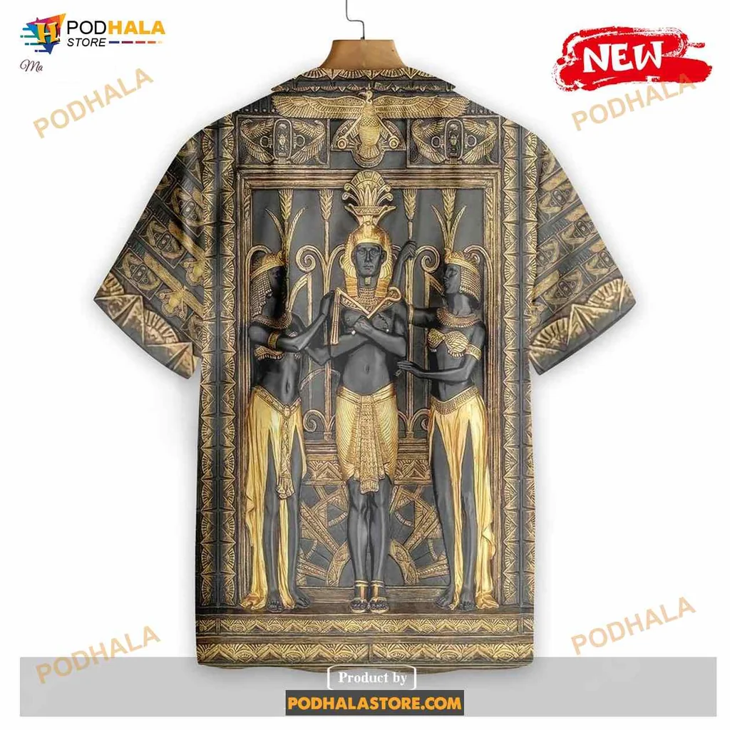 Ancient Egyptian Pharaoh Aloha Shirt With Hieroglyphics And Gold Accents Ancient Egyptian Pharaoh Aloha Shirt With Hieroglyphics And Gold Accents