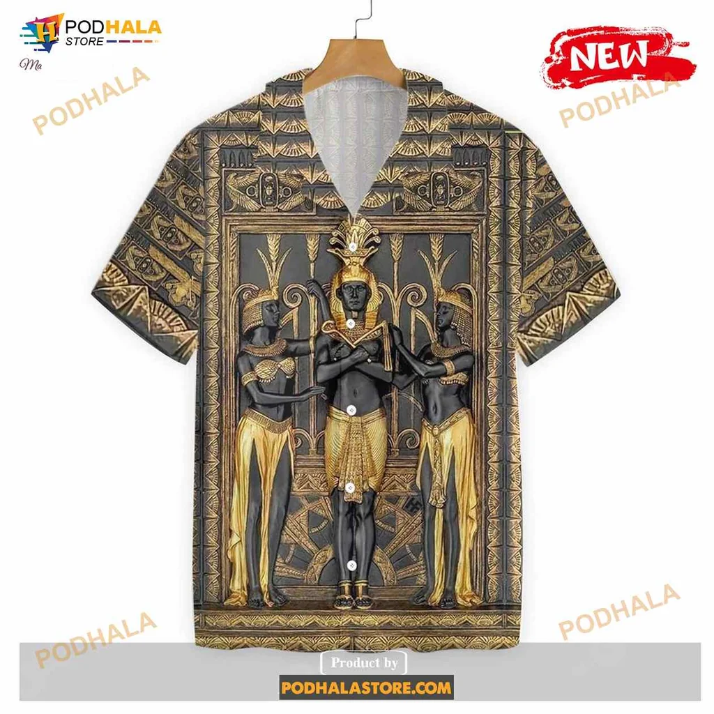 Ancient Egyptian Pharaoh Tropical Shirt With Hieroglyphics And Gold Accents Ancient Egyptian Pharaoh Tropical Shirt With Hieroglyphics And Gold Accents