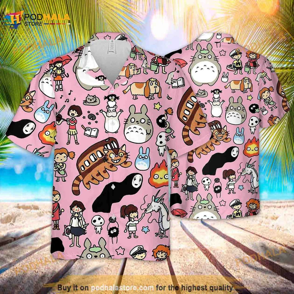 Anime Characters Hawaiian Shirt With Vibrant Pink Background