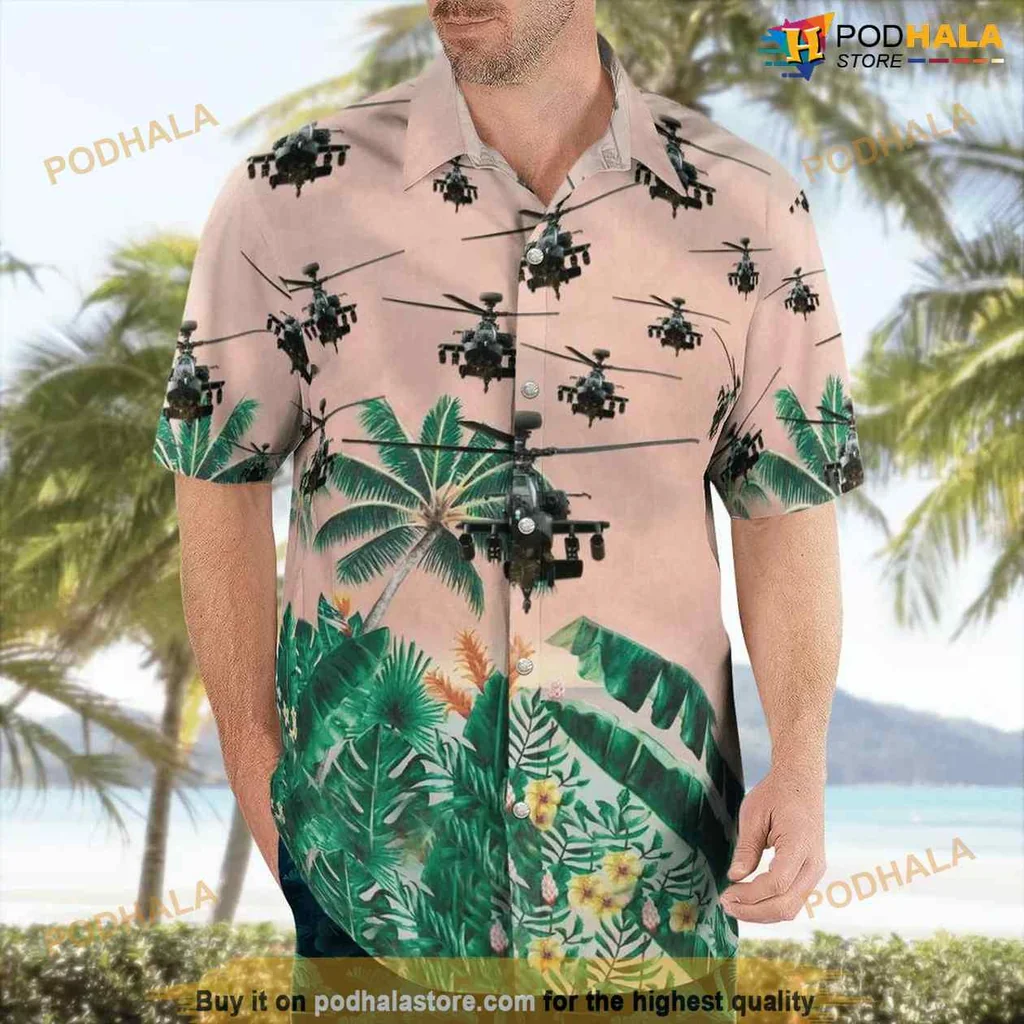 Apache Helicopter Hawaiian Shirt With Tropical Design And Palm Leaves