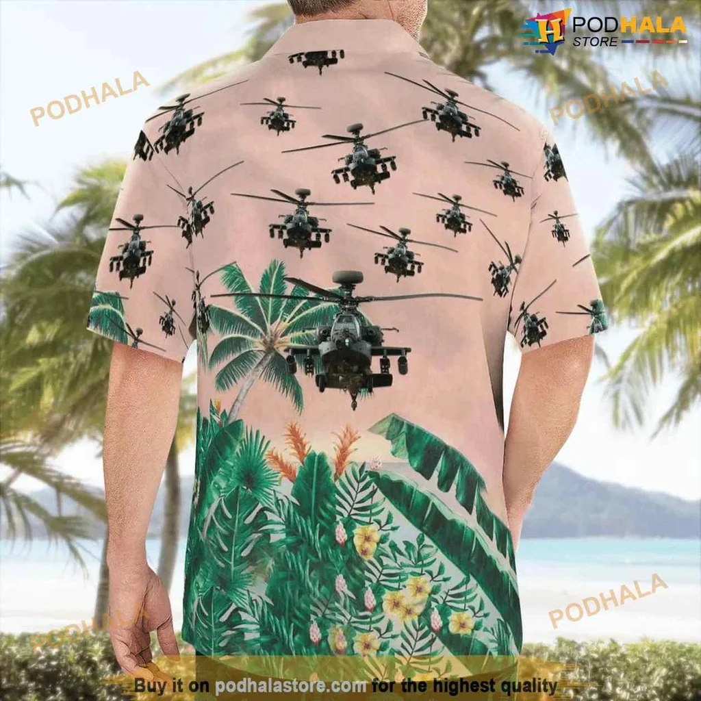 Apache Helicopter Aloha Shirt With Tropical Design And Palm Leaves Apache Helicopter Aloha Shirt With Tropical Design And Palm Leaves