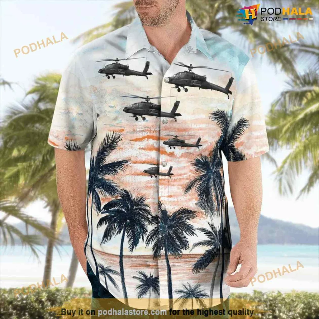 Apache Helicopter Hawaiian Shirt With Tropical Sunset Design