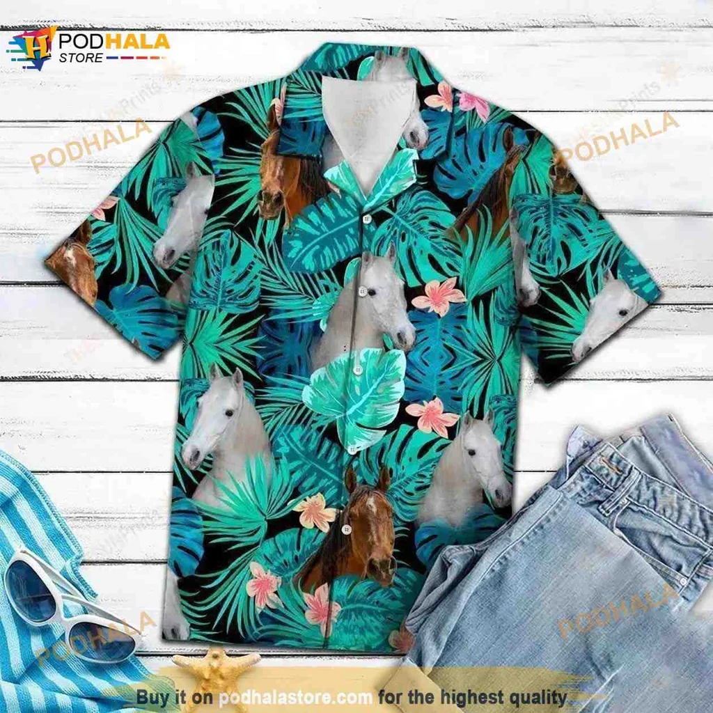 Arabian Horse Tropical Aloha Shirt With Colorful Floral Design