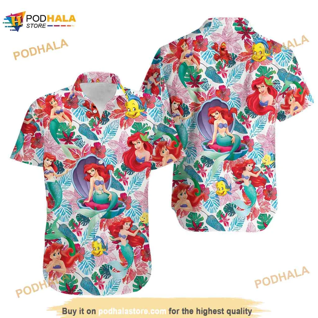 Ariel Little Mermaid Hawaiian Shirt, Colorful Tropical Design With Flounder