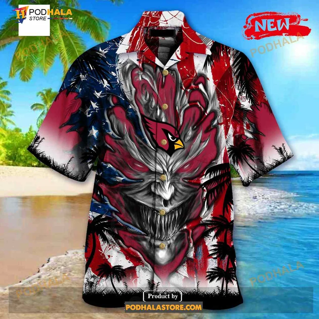 Arizona Cardinals Demon Face Hawaiian Shirt With American Flag Design