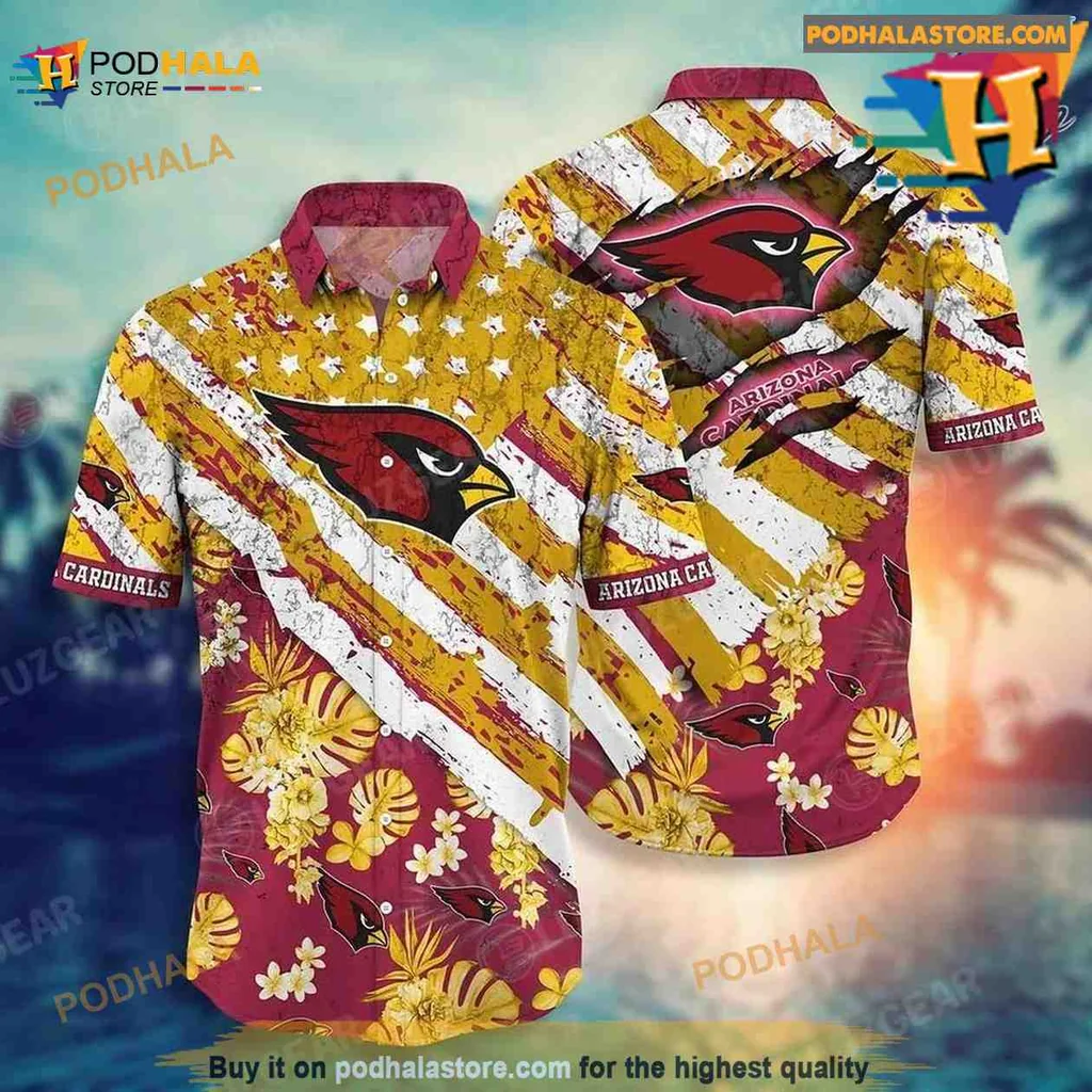 Arizona Cardinals Floral Hawaiian Shirt With American Flag Design