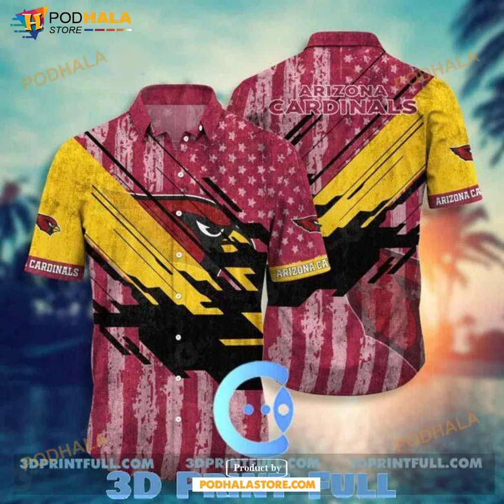Arizona Cardinals Hawaiian Shirt With Bold Cardinal Design And American Flag