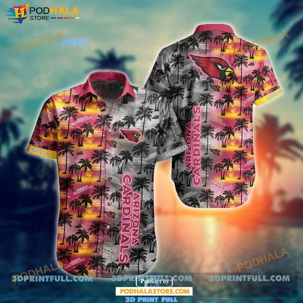Arizona Cardinals Hawaiian Shirt With Sunset Gradient And Palm Trees