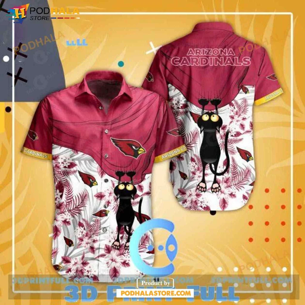 Arizona Cardinals Hawaiian Shirt With Tropical Design And Black Cat