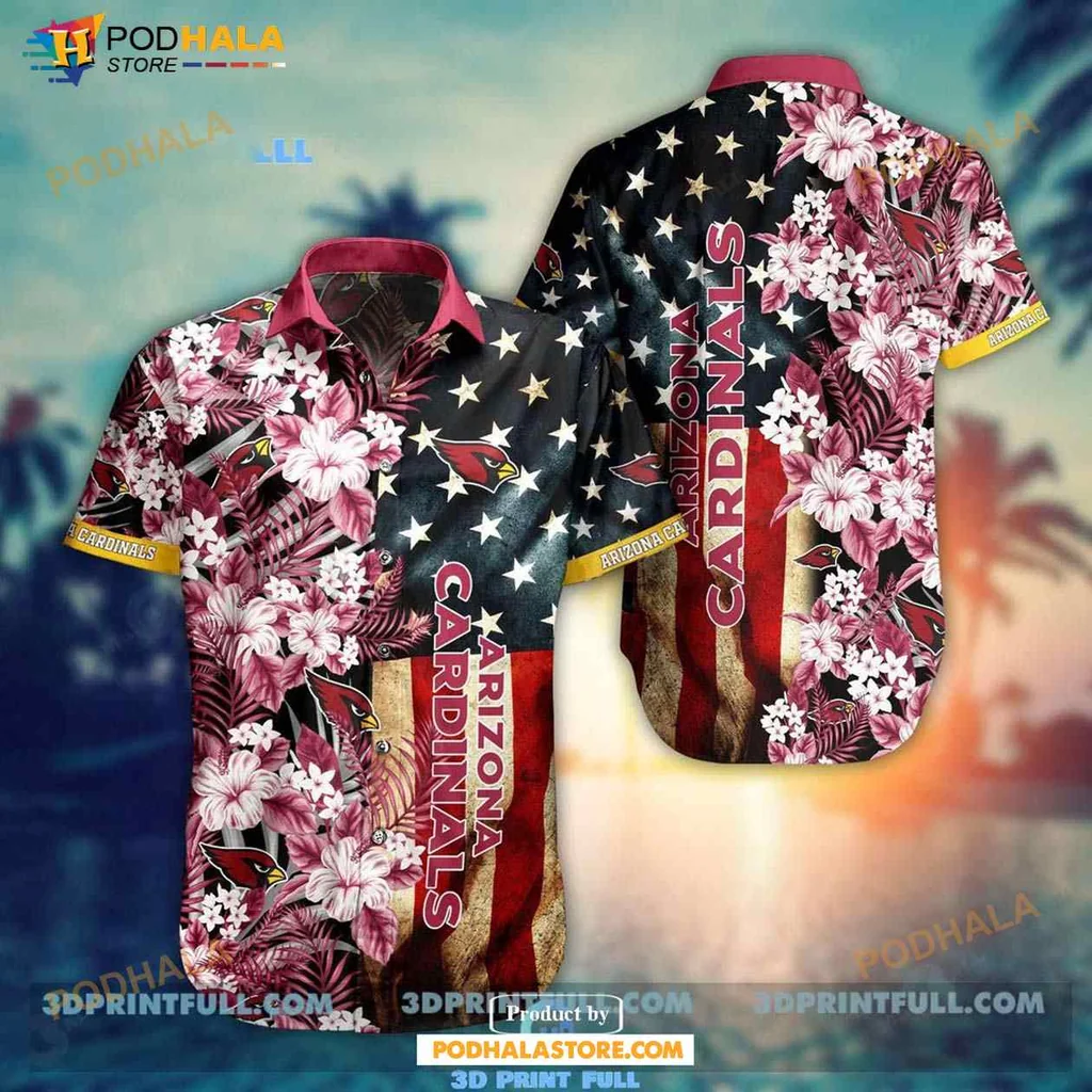 Arizona Cardinals Hawaiian Shirt With Tropical Flowers And American Flag