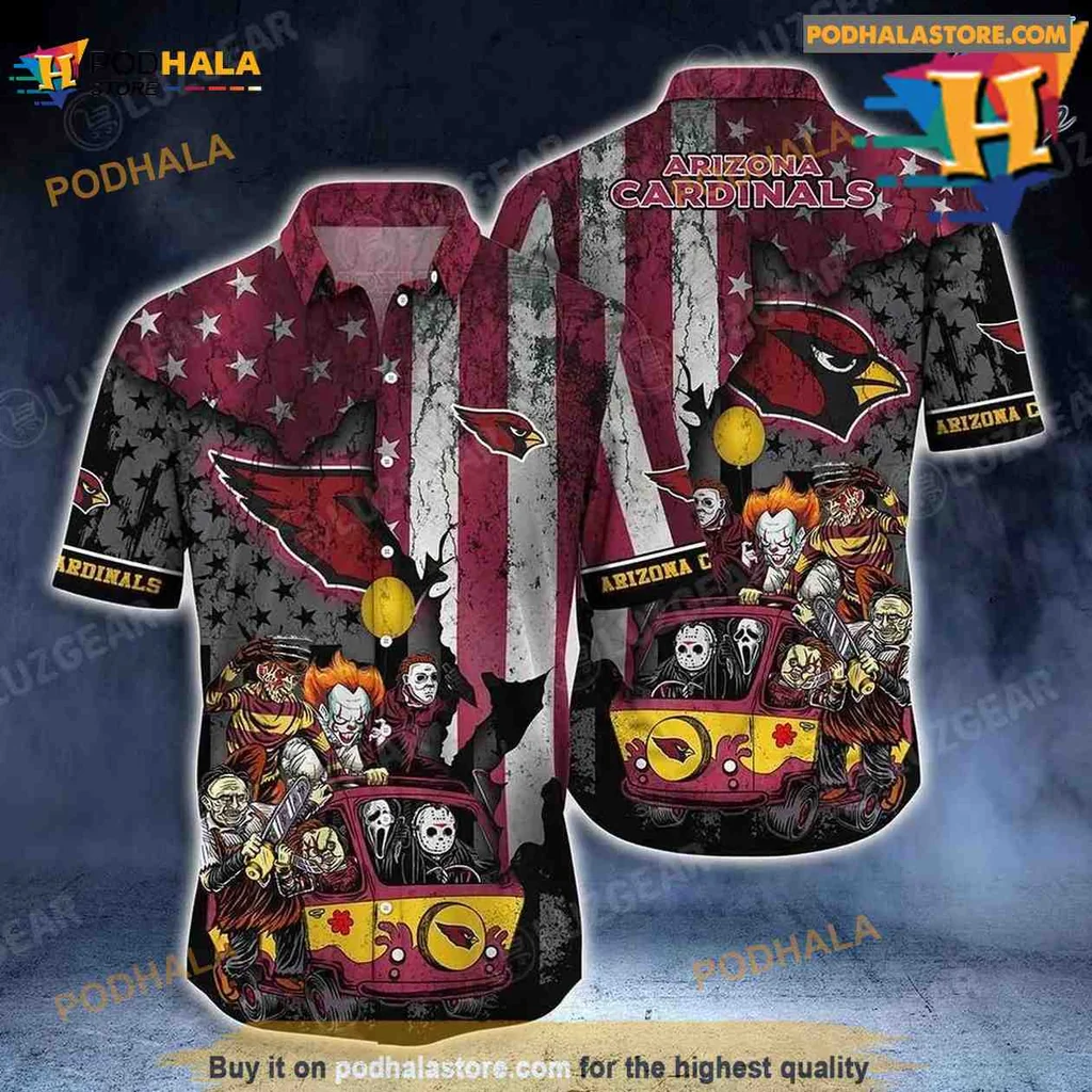 Arizona Cardinals Skull Aloha Shirt With Distressed American Flag Design