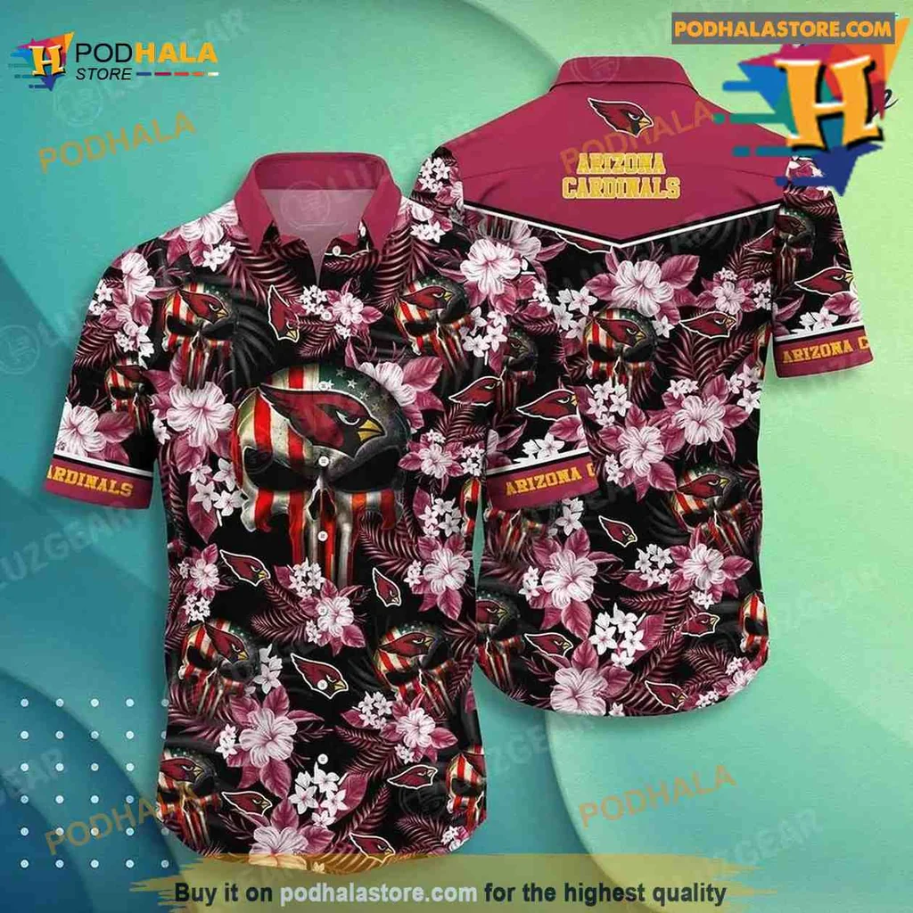 Arizona Cardinals Skull Hawaiian Shirt With Tropical Flowers For Fans