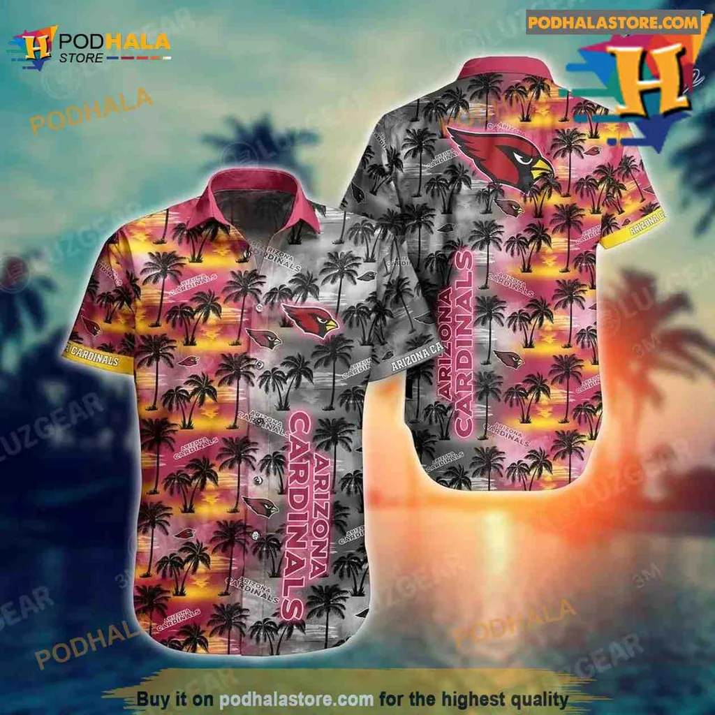 Arizona Cardinals Tropical Aloha Shirt With Sunset And Palm Trees